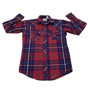 Vintage Plaid Flannel Shirt Western Pearl Snap Size Medium / Large